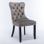 Chaise de salle à manger en velours capitonné avec garniture cloutée et pieds en bois – Chêne/Noir/Doré/Gris, Lot de 2