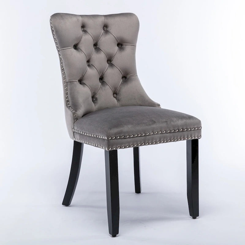 Chaise de salle à manger en velours capitonné avec garniture cloutée et pieds en bois – Chêne/Noir/Doré/Gris, Lot de 2