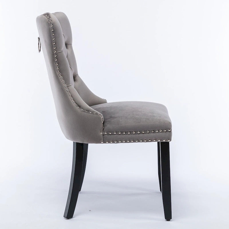 Chaise de salle à manger en velours capitonné avec garniture cloutée et pieds en bois – Chêne/Noir/Doré/Gris, Lot de 2