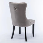 Chaise de salle à manger en velours capitonné avec garniture cloutée et pieds en bois – Chêne/Noir/Doré/Gris, Lot de 2