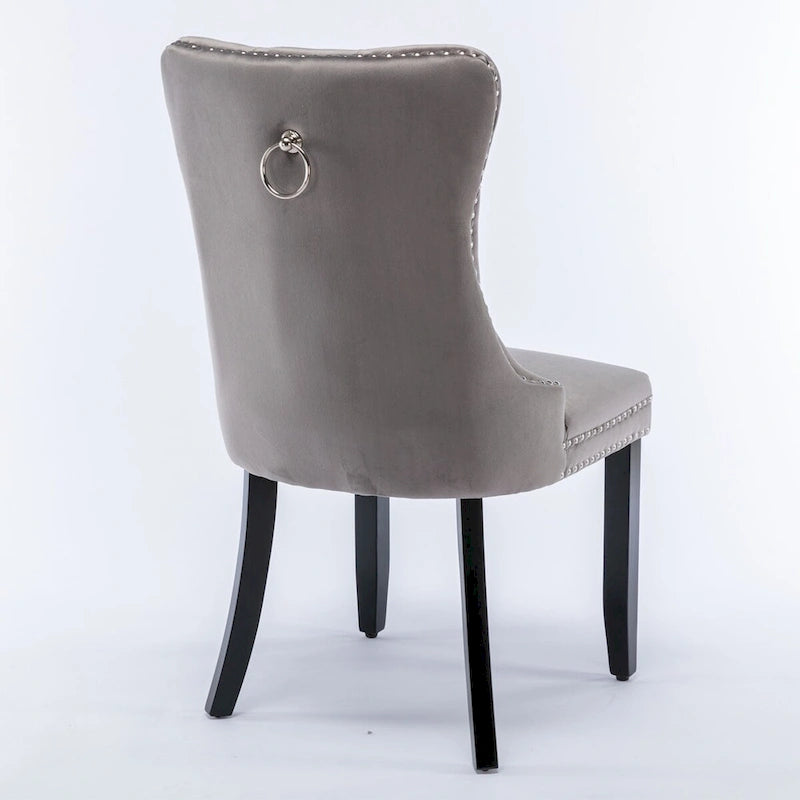 Chaise de salle à manger en velours capitonné avec garniture cloutée et pieds en bois – Chêne/Noir/Doré/Gris, Lot de 2