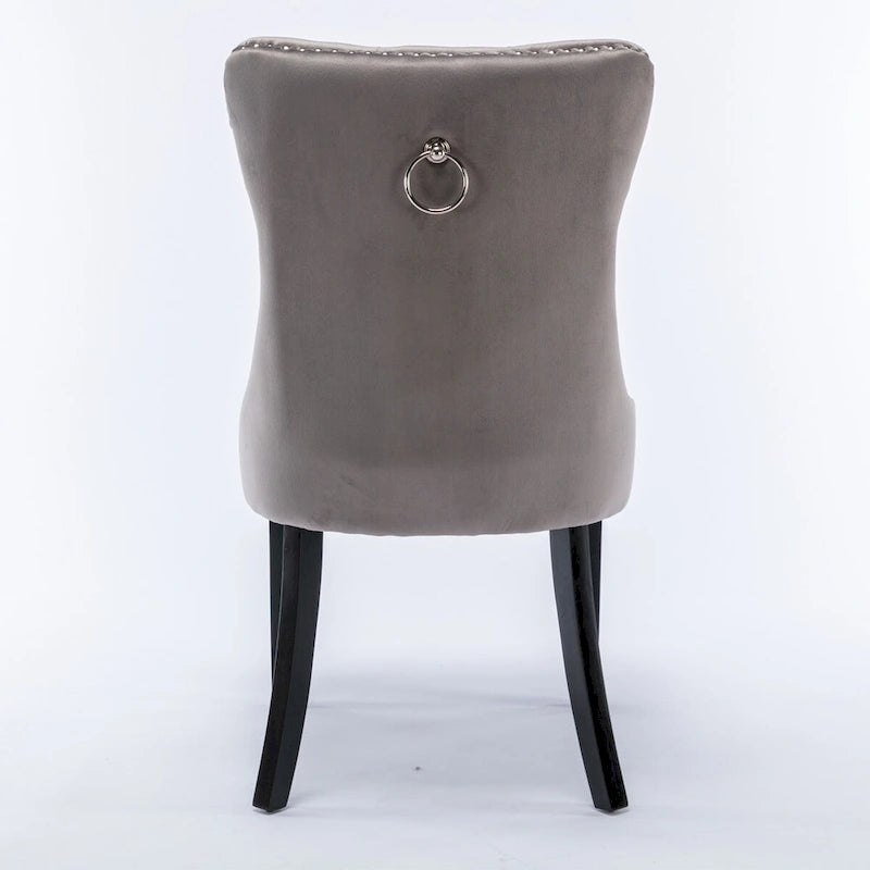 Chaise de salle à manger en velours capitonné avec garniture cloutée et pieds en bois – Chêne/Noir/Doré/Gris, Lot de 2