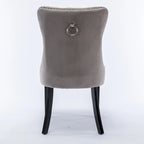 Chaise de salle à manger en velours capitonné avec garniture cloutée et pieds en bois – Chêne/Noir/Doré/Gris, Lot de 2