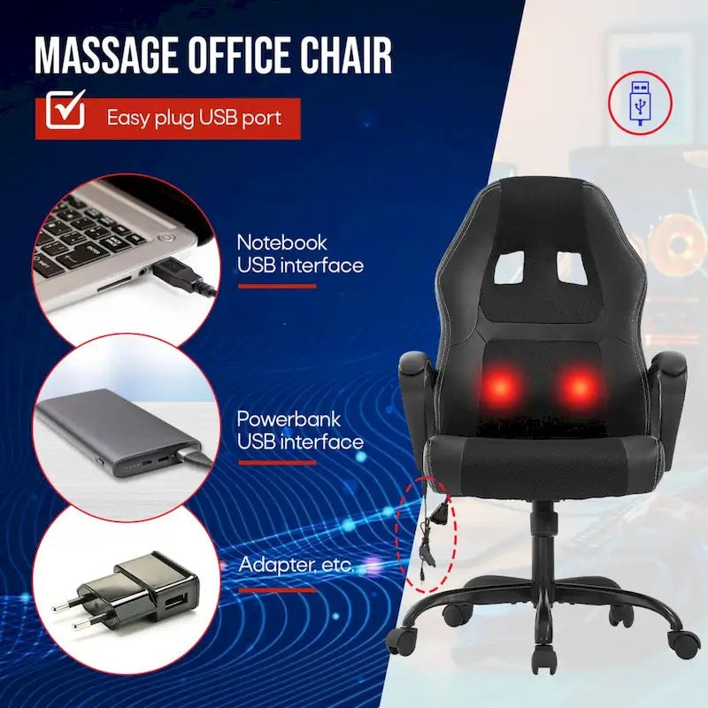 Chaise de bureau ergonomique pivotante noire avec massage lombaire par vibration, 1 personne