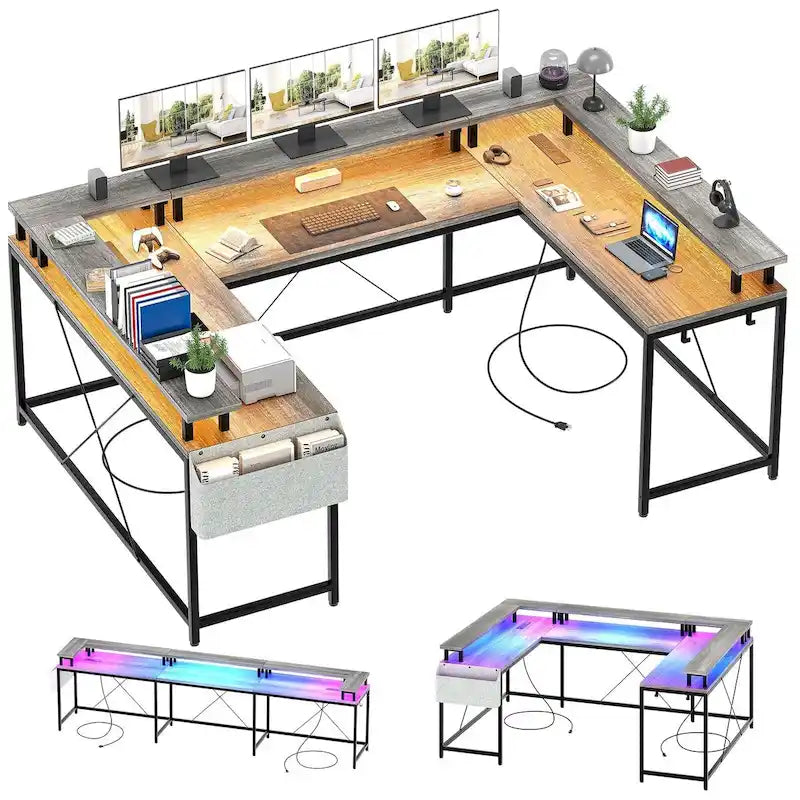 Bureau réversible en U pour 2 personnes avec lumières LED, Gris/Rose/Blanc/Noir/Brun Rustique