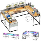 Bureau réversible en U pour 2 personnes avec lumières LED, Gris/Rose/Blanc/Noir/Brun Rustique