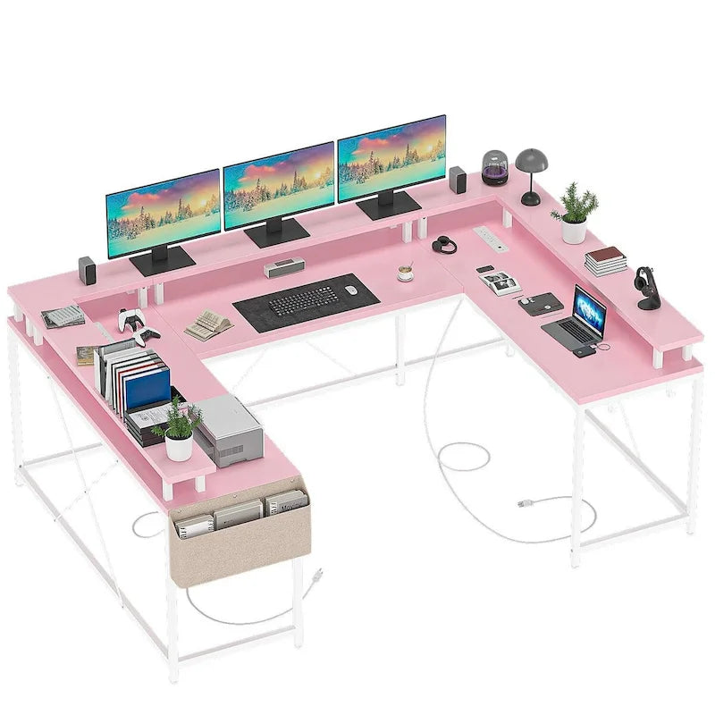 Bureau réversible en U pour 2 personnes avec lumières LED, Gris/Rose/Blanc/Noir/Brun Rustique
