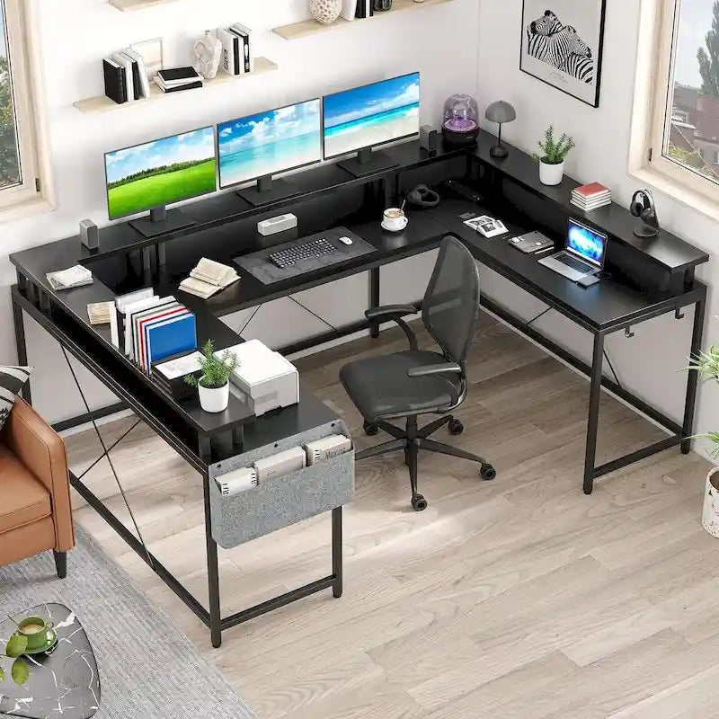 Bureau réversible en U pour 2 personnes avec lumières LED, Gris/Rose/Blanc/Noir/Brun Rustique