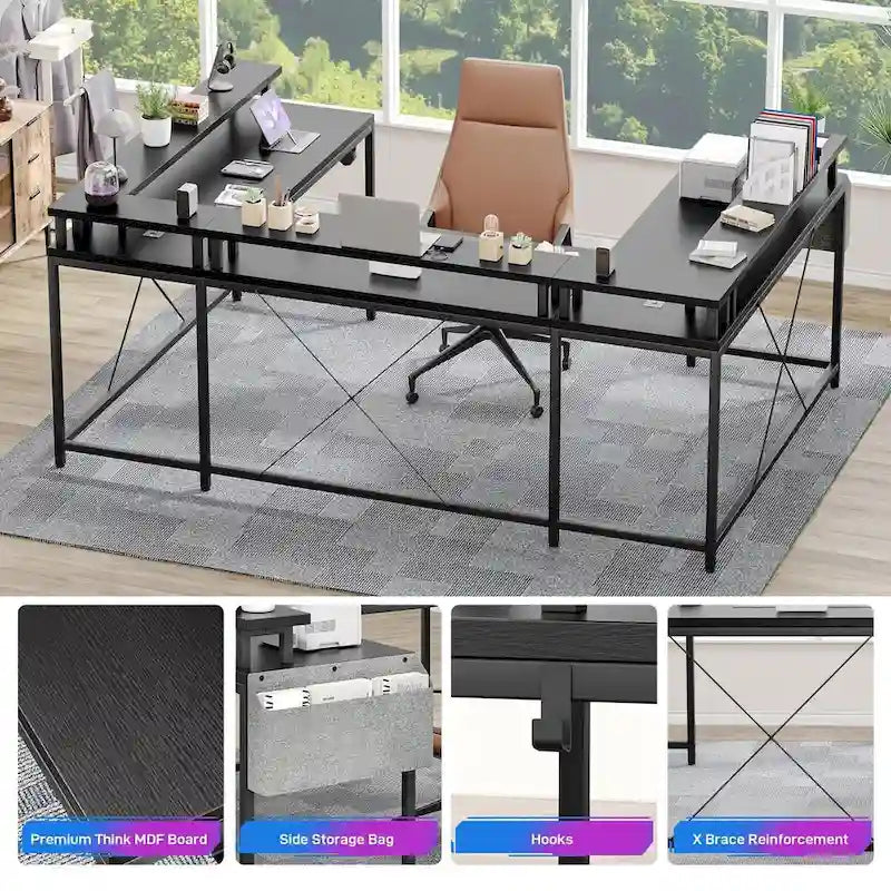 Bureau réversible en U pour 2 personnes avec lumières LED, Gris/Rose/Blanc/Noir/Brun Rustique