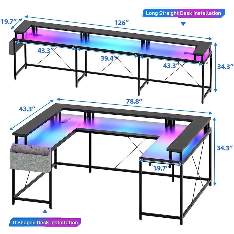 Bureau réversible en U pour 2 personnes avec lumières LED, Gris/Rose/Blanc/Noir/Brun Rustique