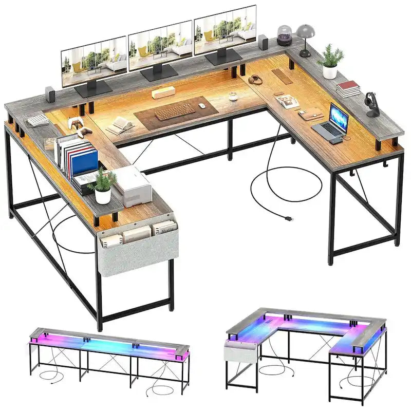 Bureau réversible en U pour 2 personnes avec lumières LED, Gris/Rose/Blanc/Noir/Brun Rustique