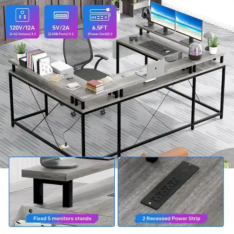 Bureau réversible en U pour 2 personnes avec lumières LED, Gris/Rose/Blanc/Noir/Brun Rustique