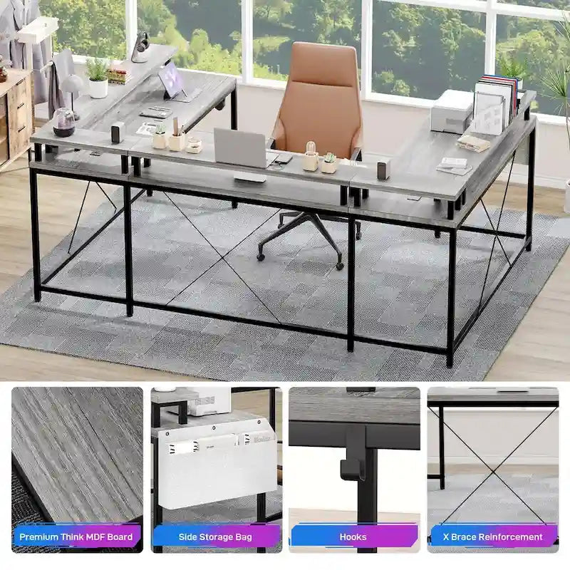 Bureau réversible en U pour 2 personnes avec lumières LED, Gris/Rose/Blanc/Noir/Brun Rustique