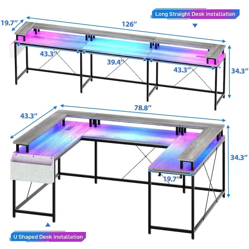 Bureau réversible en U pour 2 personnes avec lumières LED, Gris/Rose/Blanc/Noir/Brun Rustique