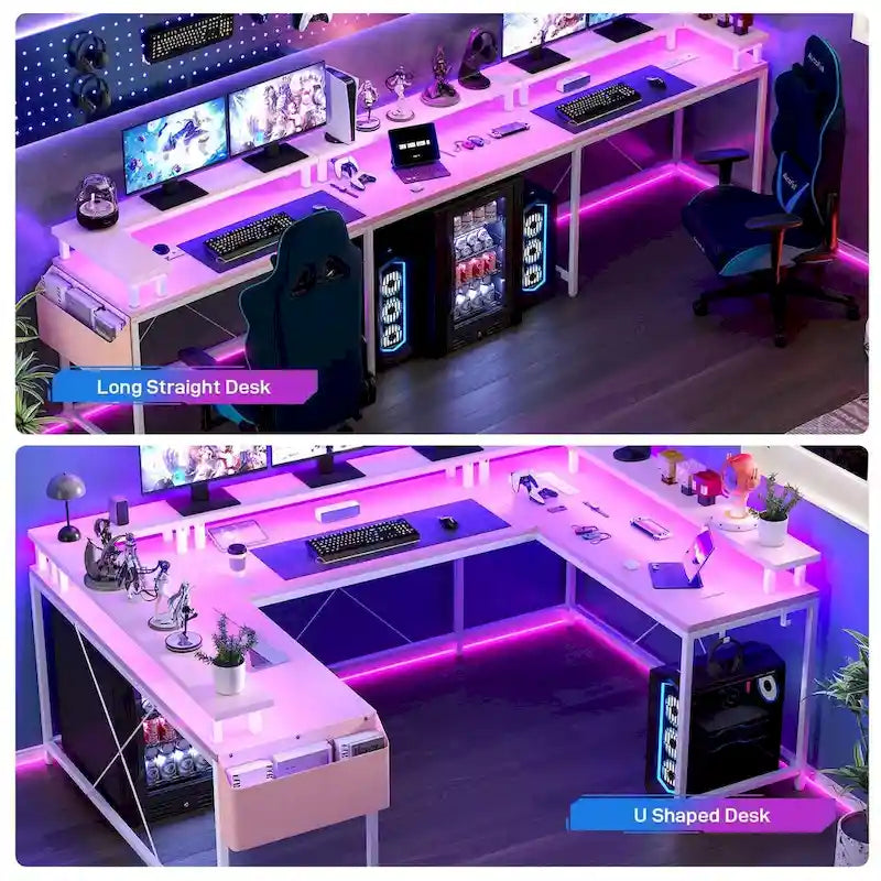 Bureau réversible en U pour 2 personnes avec lumières LED, Gris/Rose/Blanc/Noir/Brun Rustique