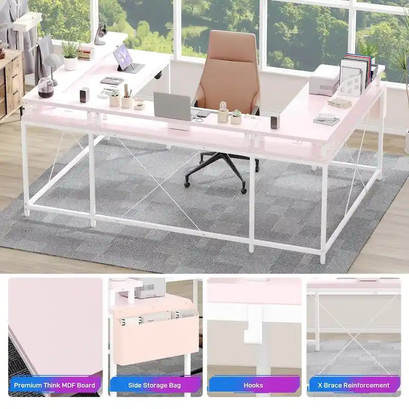 Bureau réversible en U pour 2 personnes avec lumières LED, Gris/Rose/Blanc/Noir/Brun Rustique
