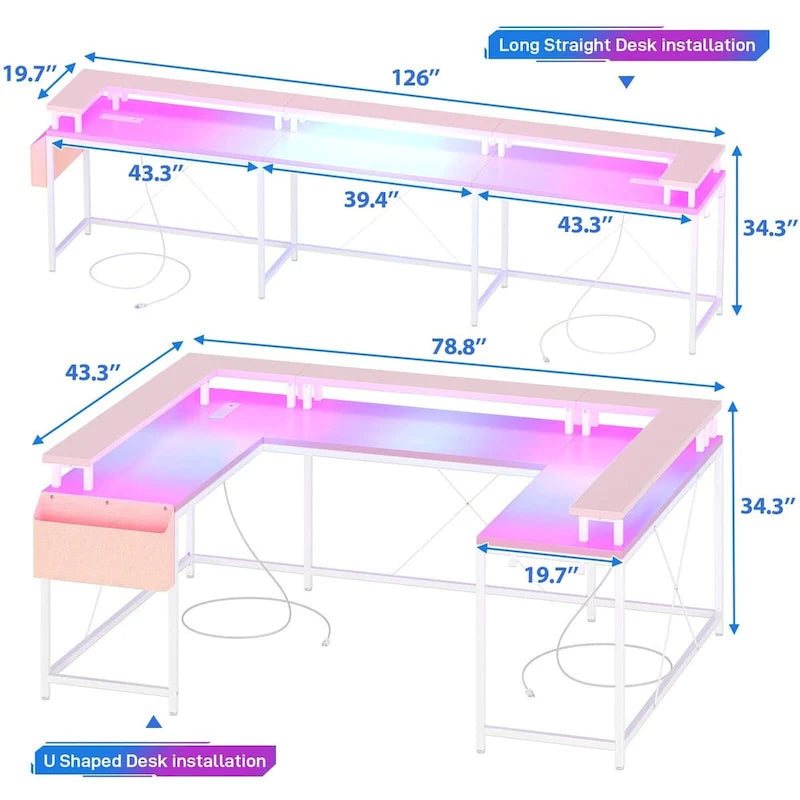 Bureau réversible en U pour 2 personnes avec lumières LED, Gris/Rose/Blanc/Noir/Brun Rustique