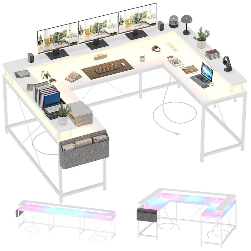 Bureau réversible en U pour 2 personnes avec lumières LED, Gris/Rose/Blanc/Noir/Brun Rustique