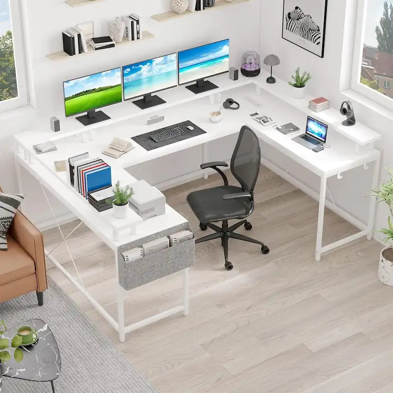 Bureau réversible en U pour 2 personnes avec lumières LED, Gris/Rose/Blanc/Noir/Brun Rustique