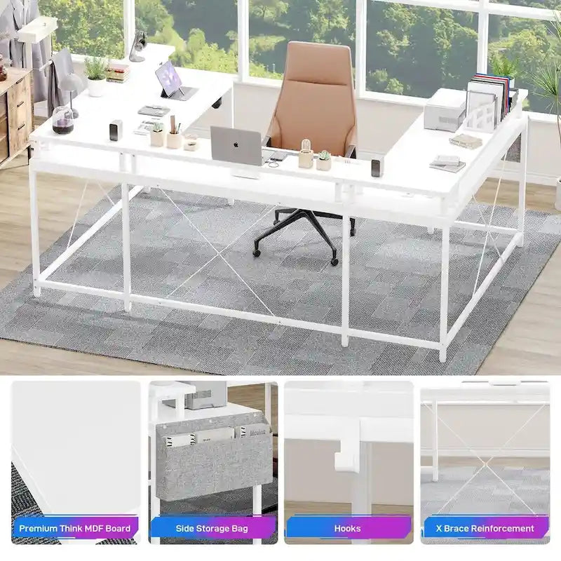 Bureau réversible en U pour 2 personnes avec lumières LED, Gris/Rose/Blanc/Noir/Brun Rustique