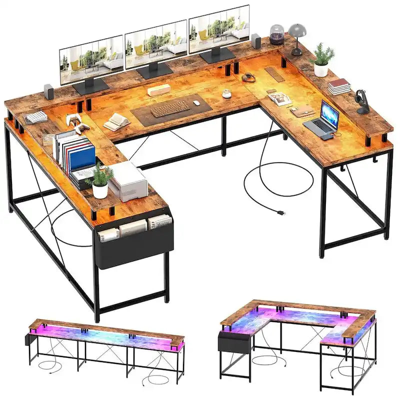 Bureau réversible en U pour 2 personnes avec lumières LED, Gris/Rose/Blanc/Noir/Brun Rustique