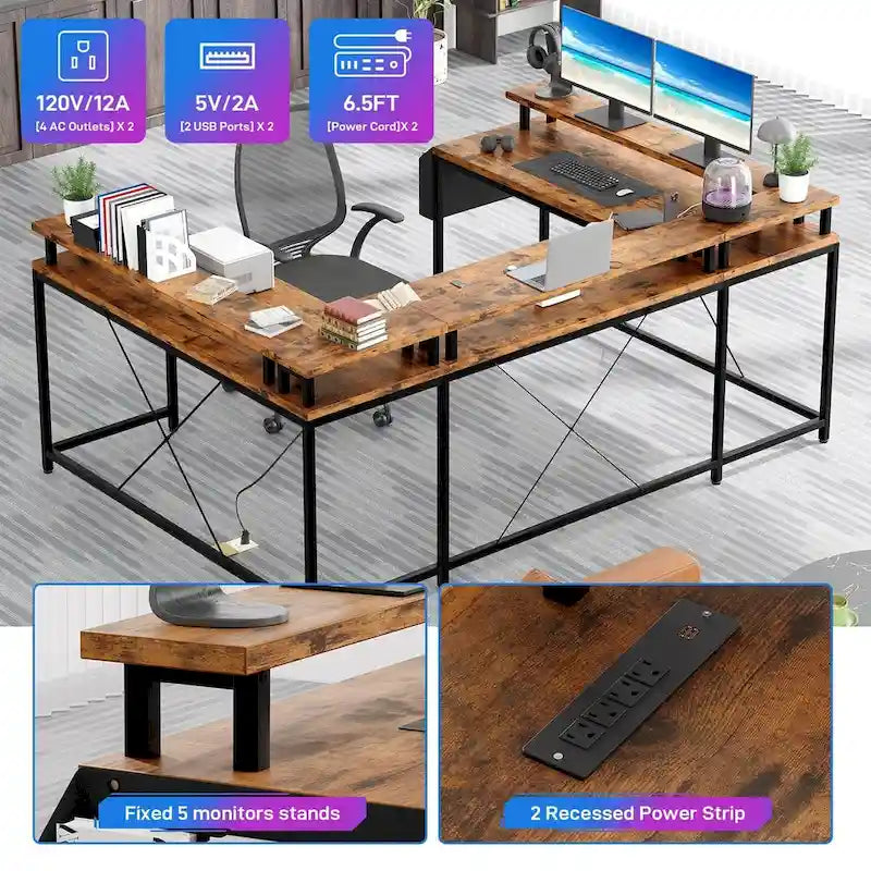 Bureau réversible en U pour 2 personnes avec lumières LED, Gris/Rose/Blanc/Noir/Brun Rustique