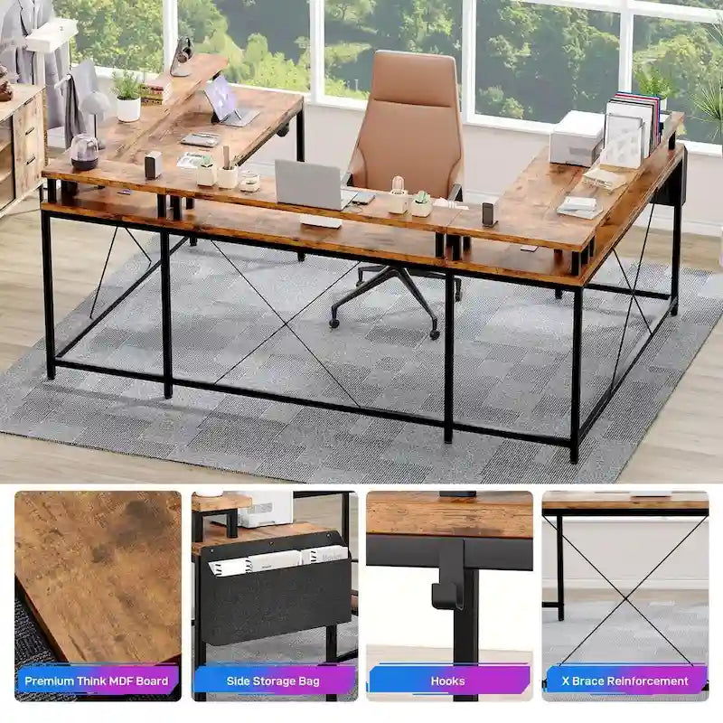 Bureau réversible en U pour 2 personnes avec lumières LED, Gris/Rose/Blanc/Noir/Brun Rustique