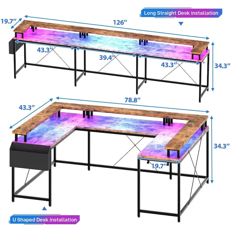Bureau réversible en U pour 2 personnes avec lumières LED, Gris/Rose/Blanc/Noir/Brun Rustique