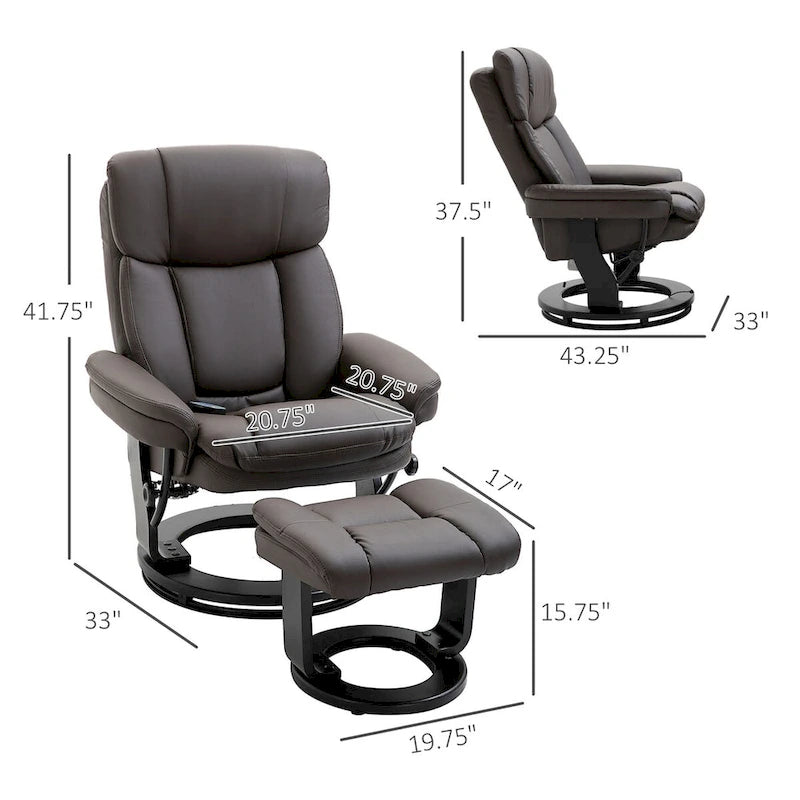 Fauteuil inclinable de massage pivotant en cuir PU noir/marron avec ottoman – 1 personne