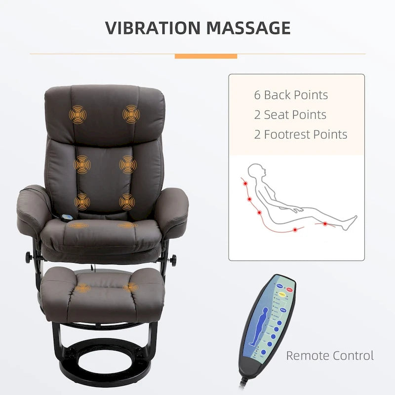 Fauteuil inclinable de massage pivotant en cuir PU noir/marron avec ottoman – 1 personne