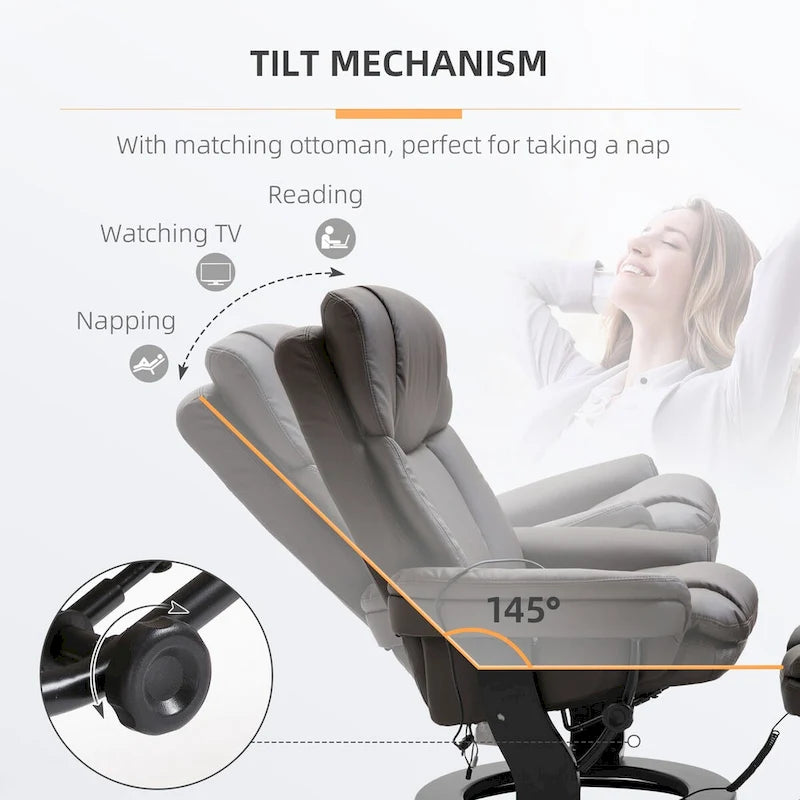 Fauteuil inclinable de massage pivotant en cuir PU noir/marron avec ottoman – 1 personne