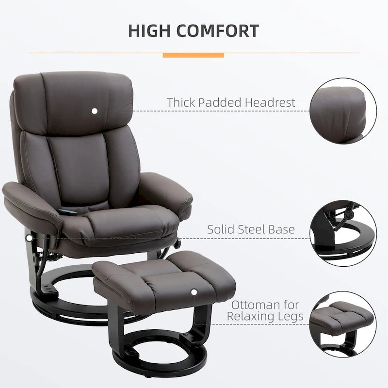 Fauteuil inclinable de massage pivotant en cuir PU noir/marron avec ottoman – 1 personne