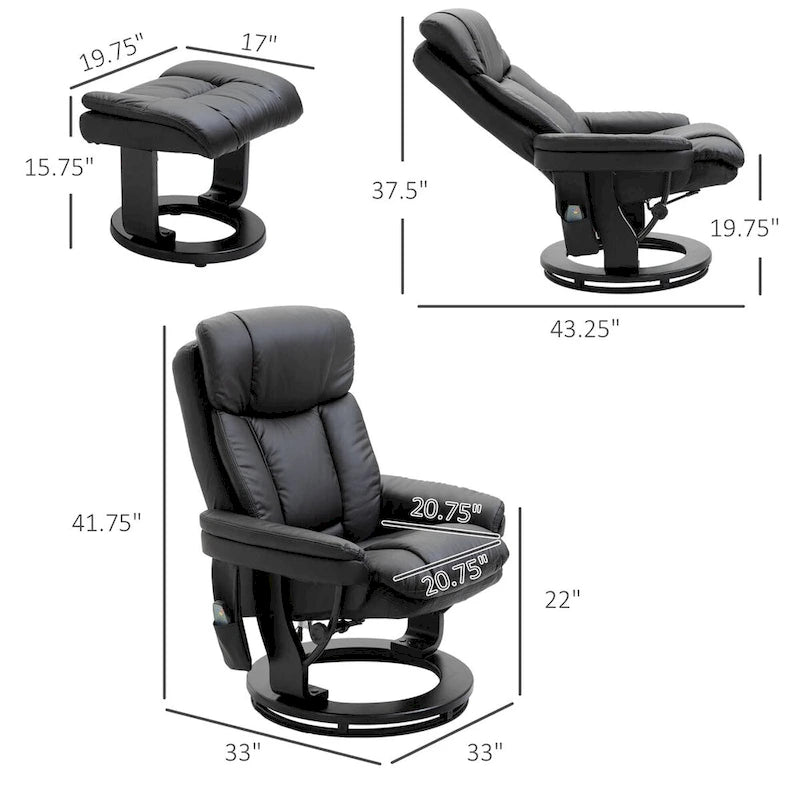 Fauteuil inclinable de massage pivotant en cuir PU noir/marron avec ottoman – 1 personne