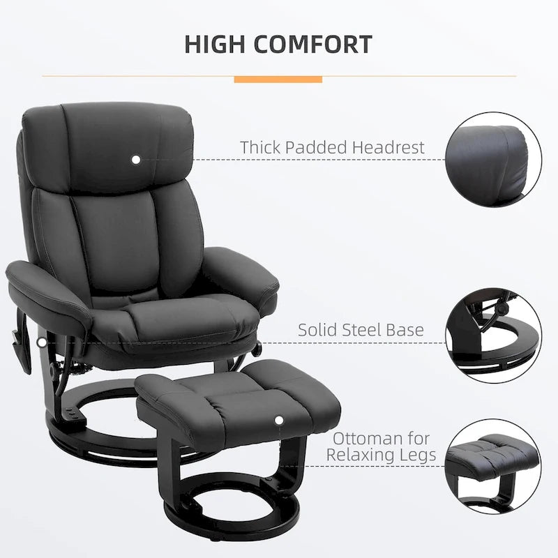 Fauteuil inclinable de massage pivotant en cuir PU noir/marron avec ottoman – 1 personne