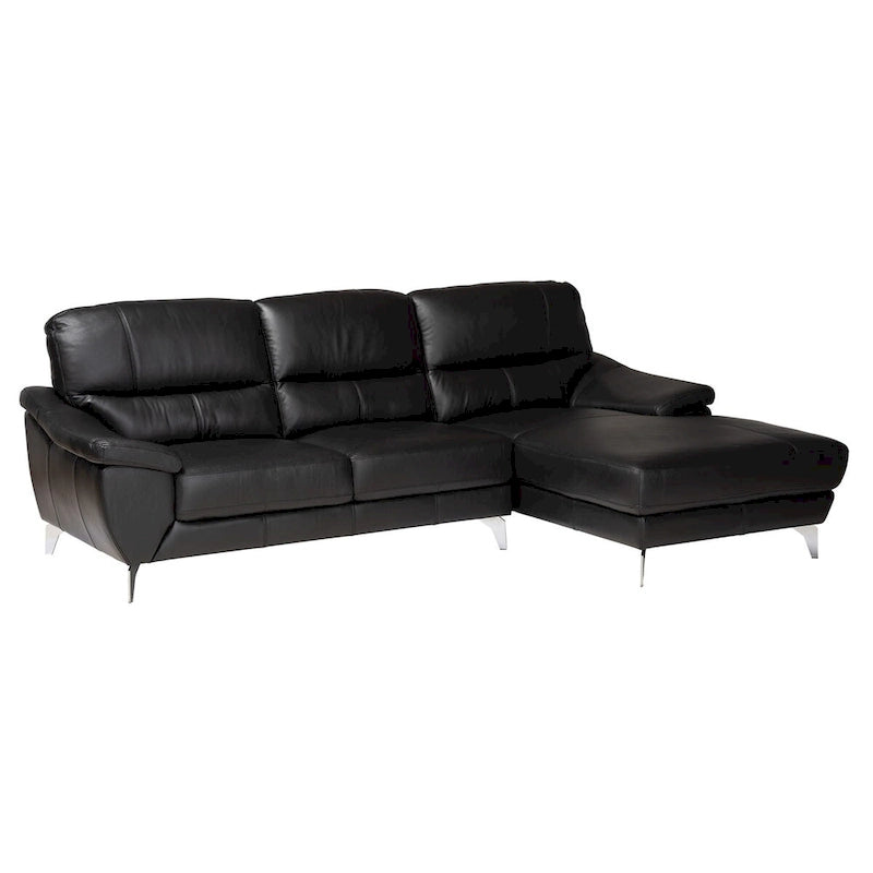 Canapé sectionnel 2 places en cuir véritable moderne noir et argent avec méridienne à droite