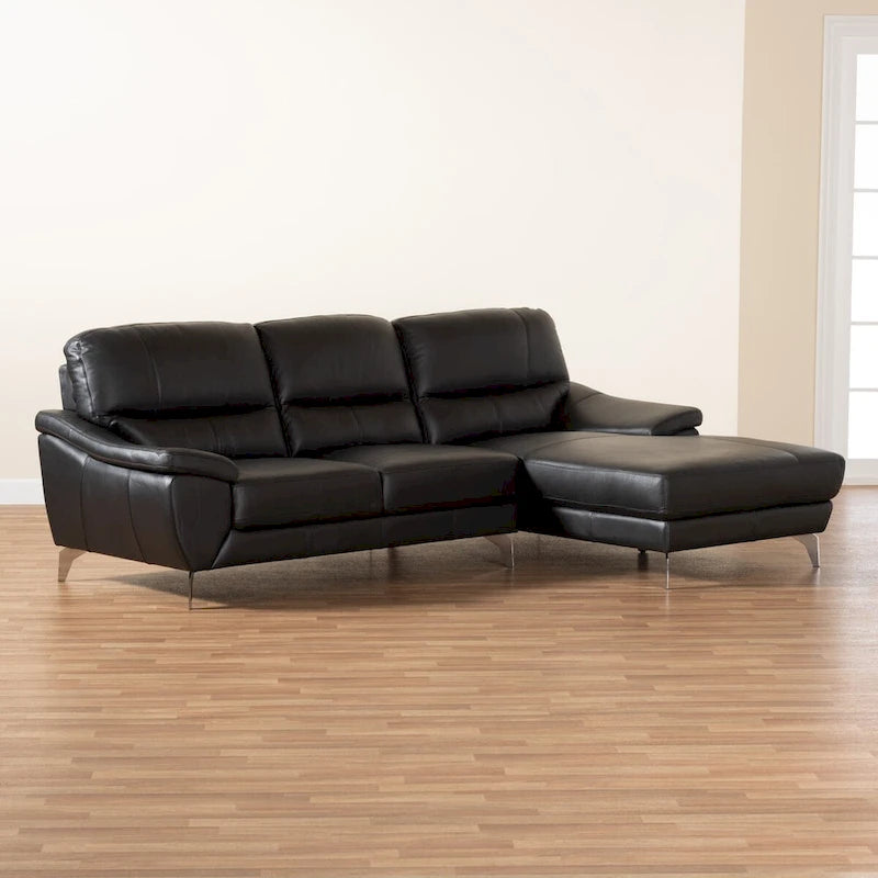 Canapé sectionnel 2 places en cuir véritable moderne noir et argent avec méridienne à droite