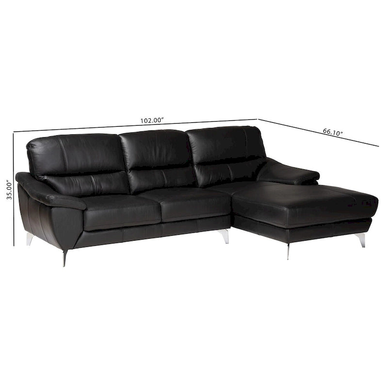 Canapé sectionnel 2 places en cuir véritable moderne noir et argent avec méridienne à droite