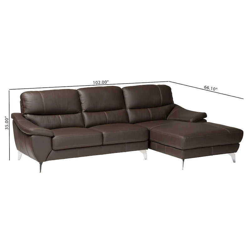Canapé sectionnel 2 places en cuir véritable moderne noir et argent avec méridienne à droite