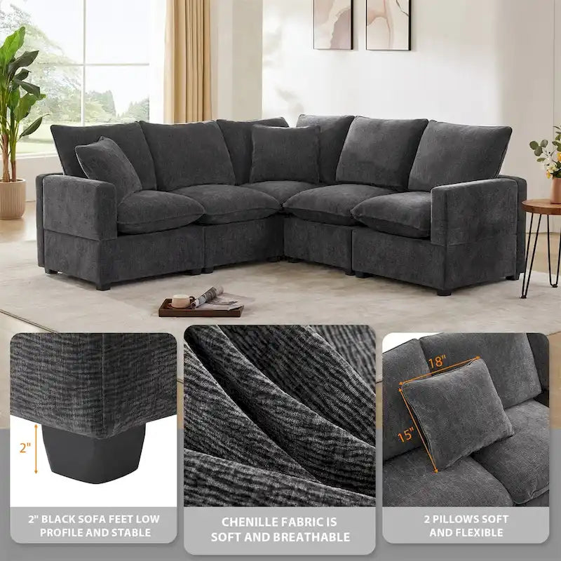 Canapé modulable en L, 4-5 places, gris anthracite/blanc