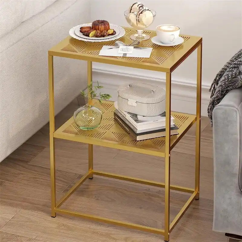 Table d'appoint à 2 niveaux en métal, design rayé évidé, utilisation par 1 personne