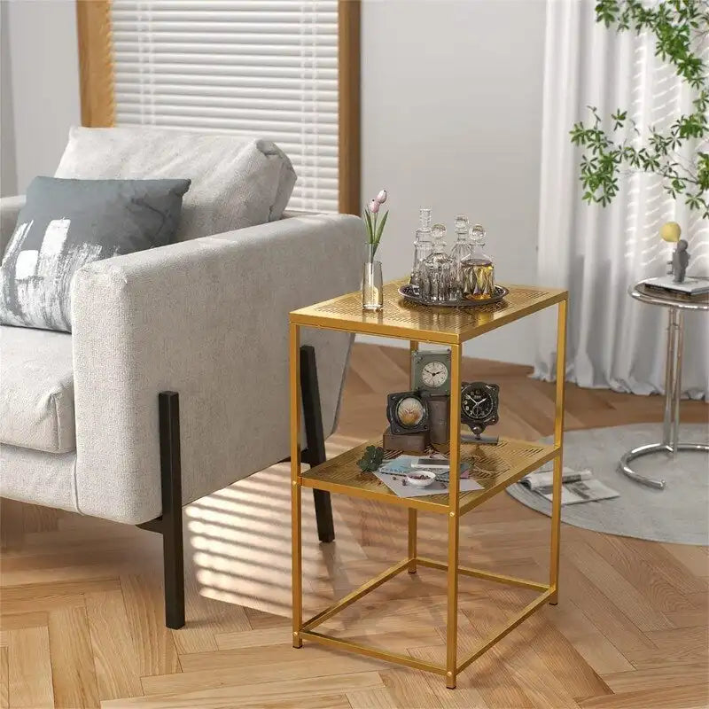 Table d'appoint à 2 niveaux en métal, design rayé évidé, utilisation par 1 personne