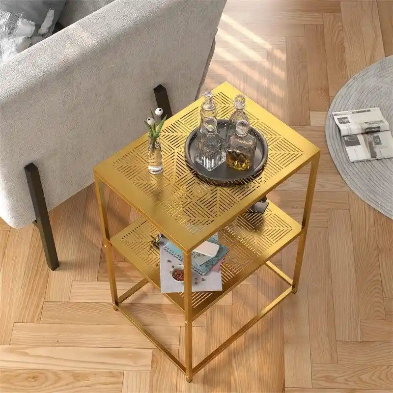 Table d'appoint à 2 niveaux en métal, design rayé évidé, utilisation par 1 personne