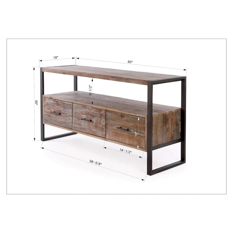 Console 3 tiroirs gris antique avec étagère ouverte