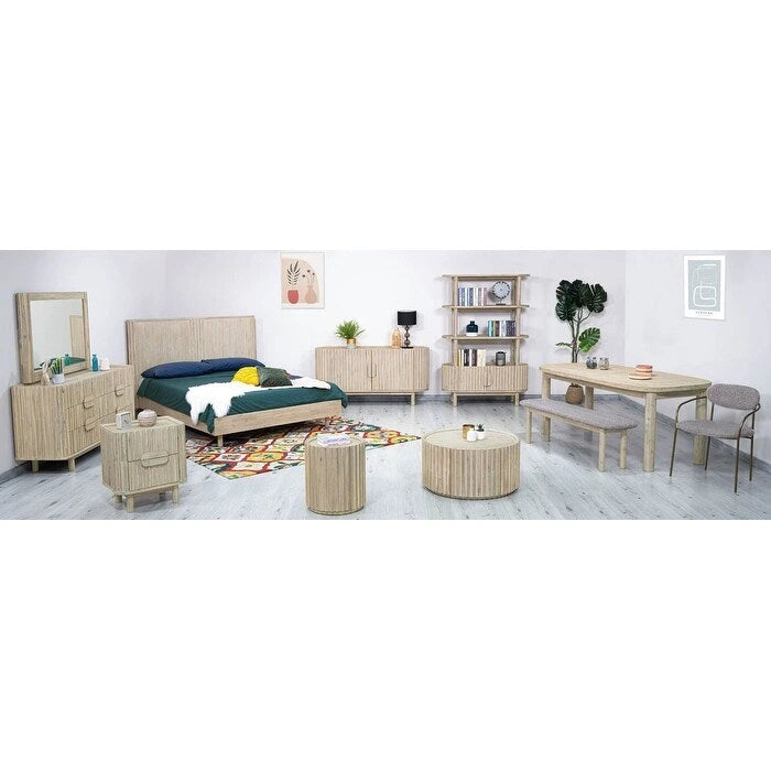 Table basse ronde en bois d'acacia beige avec porte de rangement