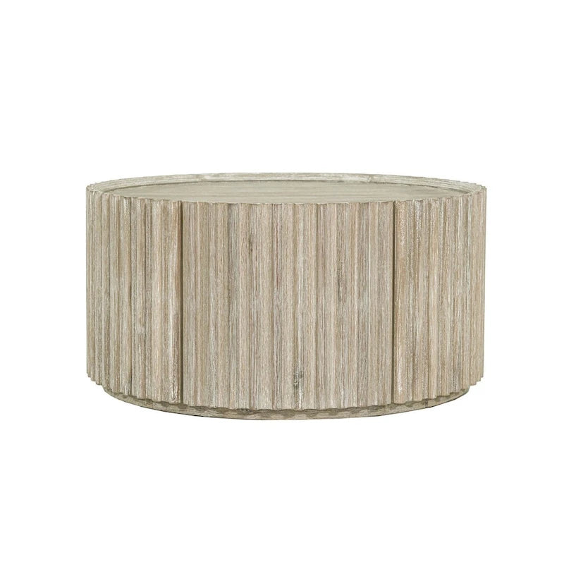 Table basse ronde en bois d'acacia beige avec porte de rangement
