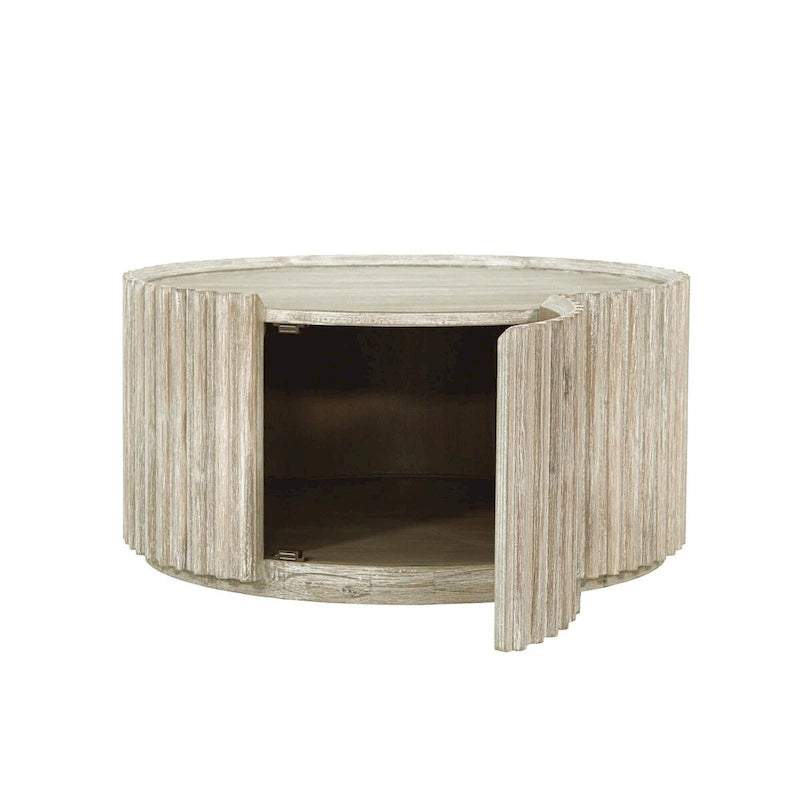 Table basse ronde en bois d'acacia beige avec porte de rangement
