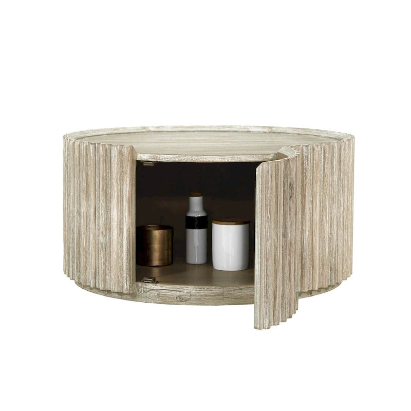 Table basse ronde en bois d'acacia beige avec porte de rangement