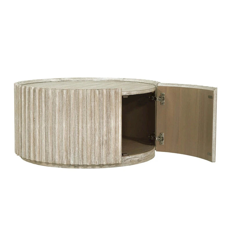 Table basse ronde en bois d'acacia beige avec porte de rangement