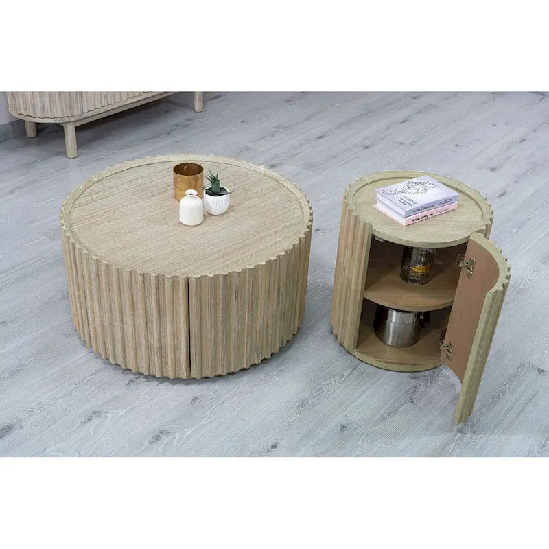 Table basse ronde en bois d'acacia beige avec porte de rangement