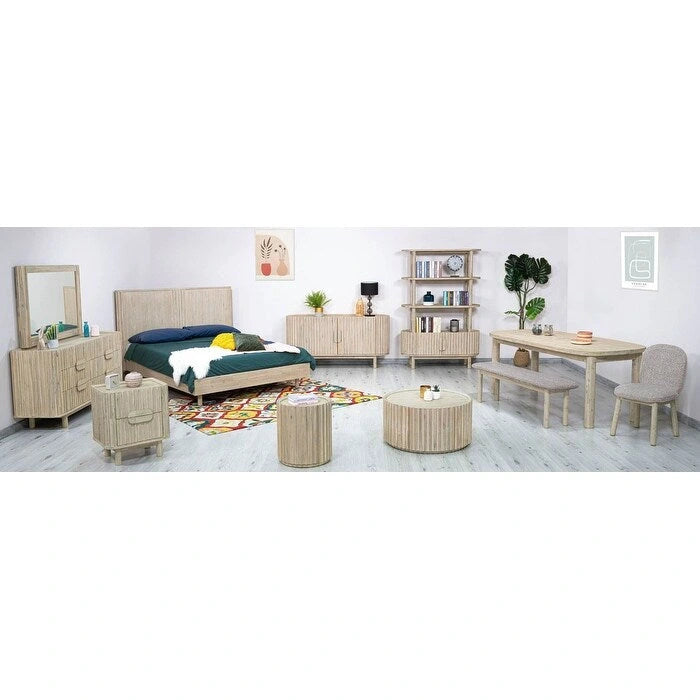 Table basse ronde en bois d'acacia beige avec porte de rangement